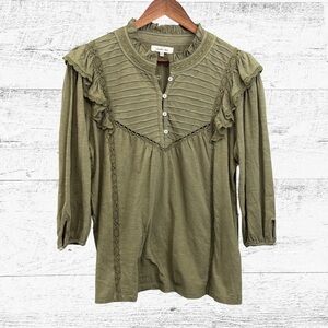 Another Love Green Ribbed Ruffled Blouse with Mandarin Collar